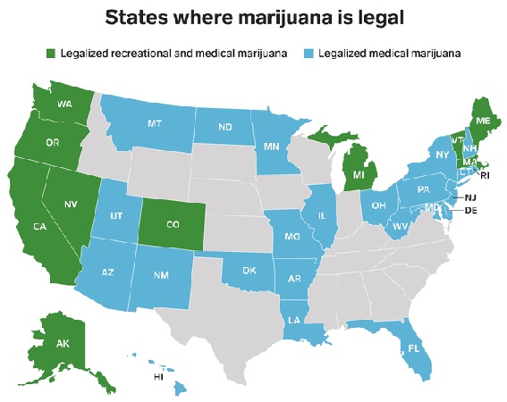map of U.S. states where cannabis is legal, 2018 (green is recreational, blue is medical)